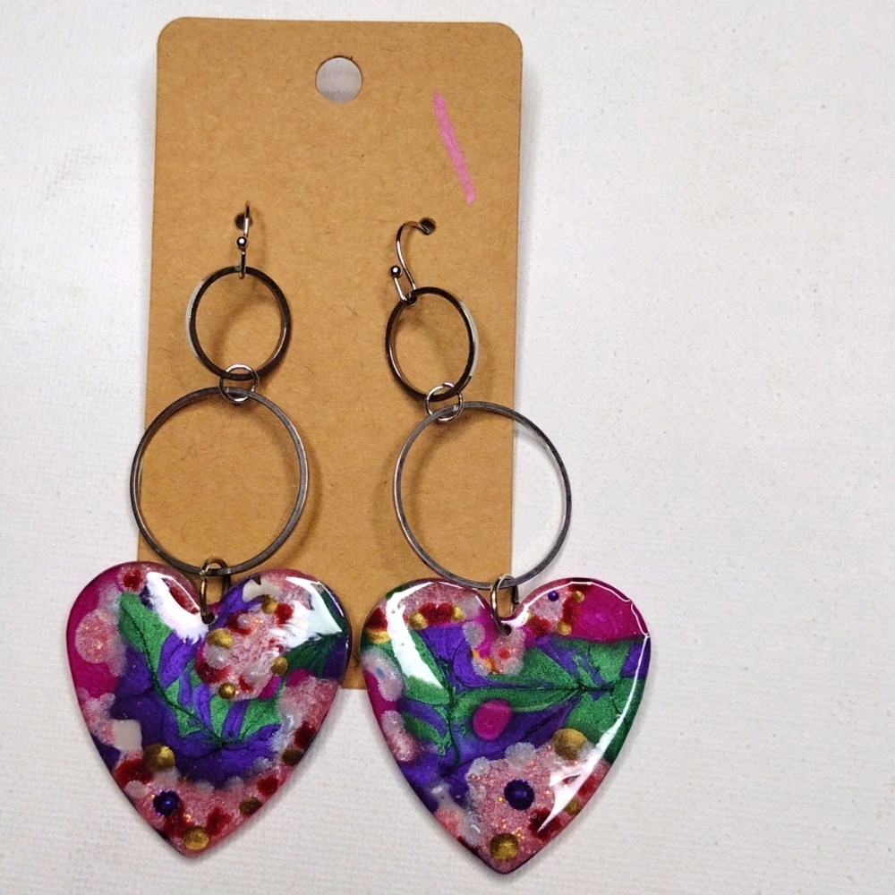Geometric Heart & loops triple dangle silver hypoallergenic pierced earrings